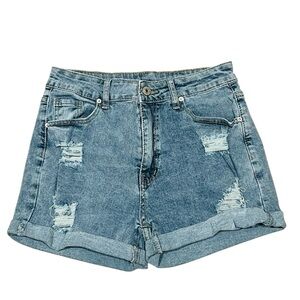 Womens Distressed Stretch Denim Shorts SHEIN Pockets Size M Rip Cuffed